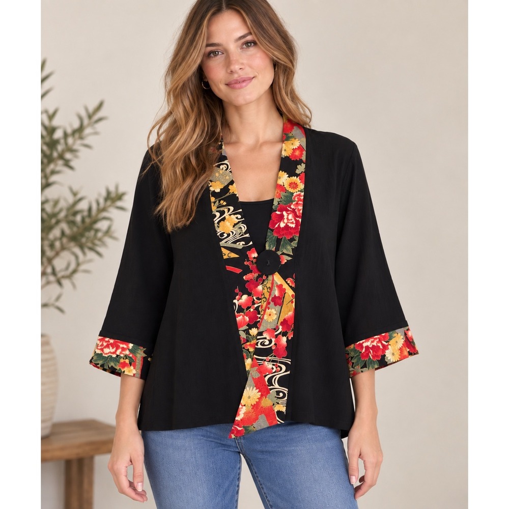 Soft Surroundings Black Floral Trim Kimono Cardigan Jacket Style 24380 Medium